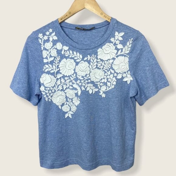 Anthropologie Pankaj Nidhi Blue Tee Embroidered Size Small Short Sleeve Top Boho - Picture 2 of 8